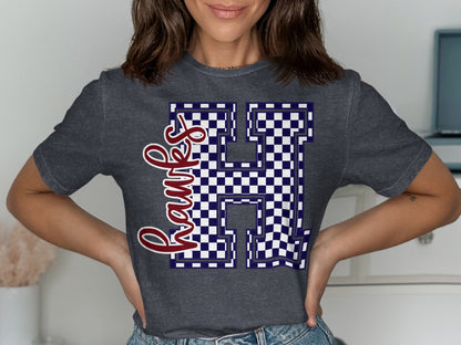 Jen Peete Designs Clothing T-shirts Cursive Hawks Spirit Shirt with Blue Checkered H