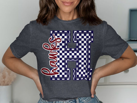Jen Peete Designs Clothing T-shirts Cursive Hawks Spirit Shirt with Blue Checkered H