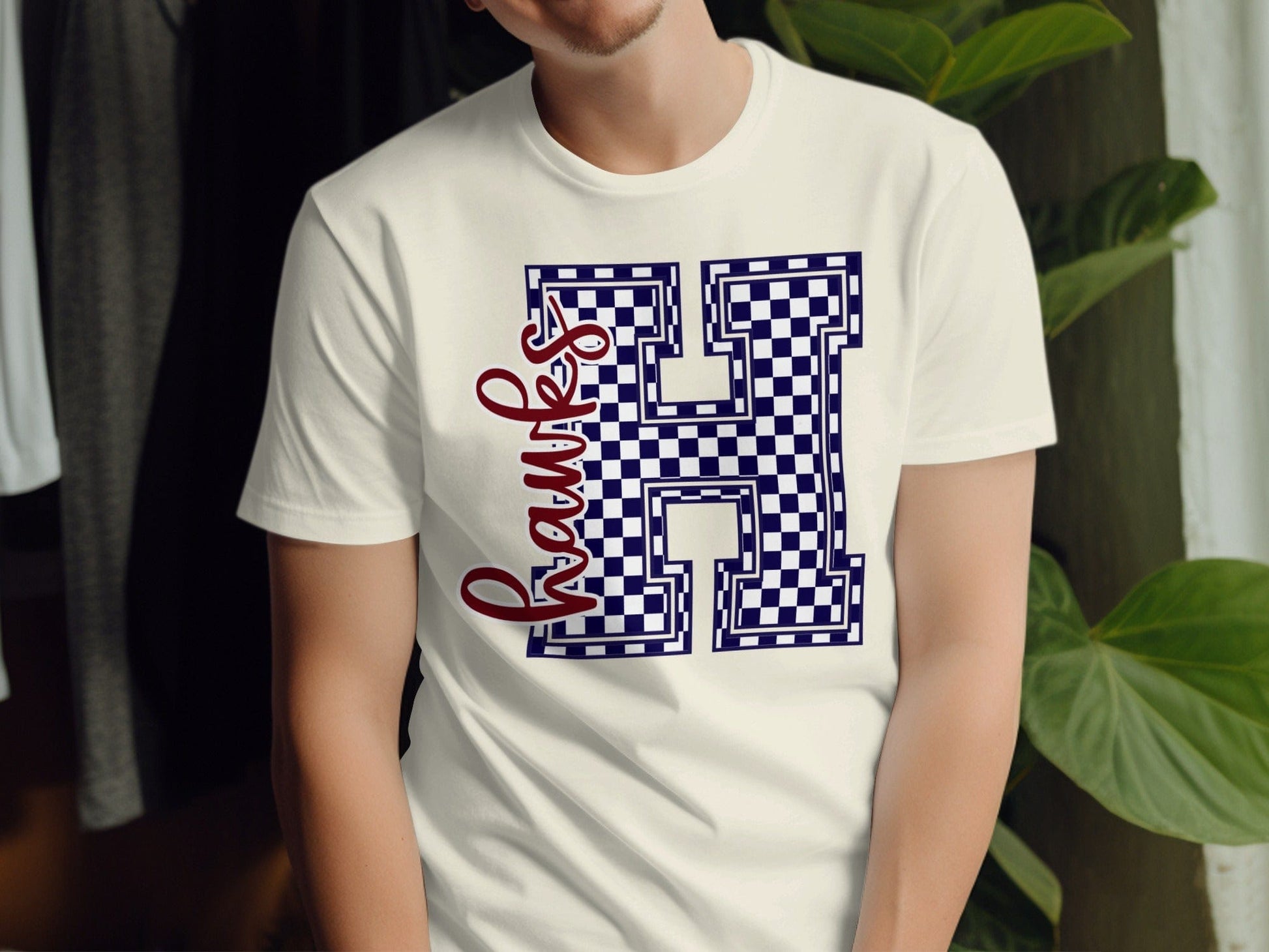 Jen Peete Designs Clothing T-shirts Cursive Hawks Spirit Shirt with Blue Checkered H