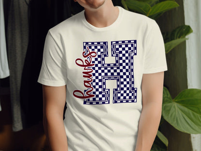Jen Peete Designs Clothing T-shirts Cursive Hawks Spirit Shirt with Blue Checkered H