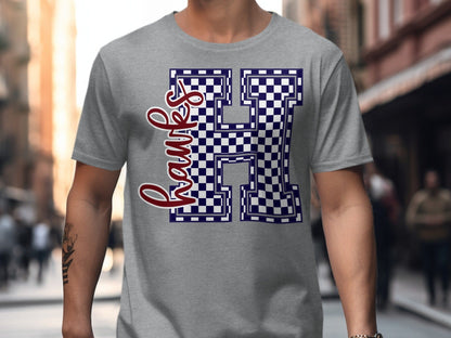 Jen Peete Designs Clothing T-shirts Cursive Hawks Spirit Shirt with Blue Checkered H