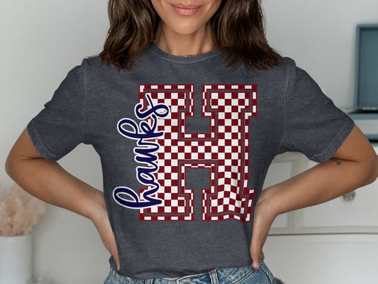 Jen Peete Designs Clothing T-shirts Cursive Hawks Spirit Shirt with Red Checkered H