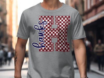Jen Peete Designs Clothing T-shirts Cursive Hawks Spirit Shirt with Red Checkered H