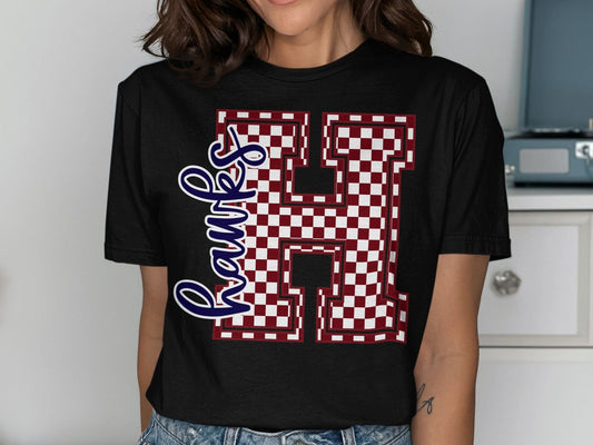 Jen Peete Designs Clothing T-shirts Cursive Hawks Spirit Shirt with Red Checkered H
