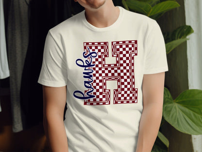 Jen Peete Designs Clothing T-shirts Cursive Hawks Spirit Shirt with Red Checkered H