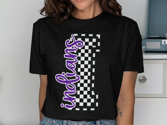 Jen Peete Designs Clothing T-shirts Cursive Indians Spirit Shirt with Checkered I