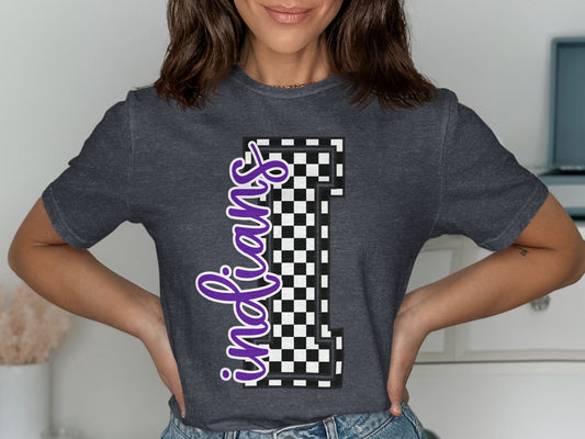 Jen Peete Designs Clothing T-shirts Cursive Indians Spirit Shirt with Checkered I