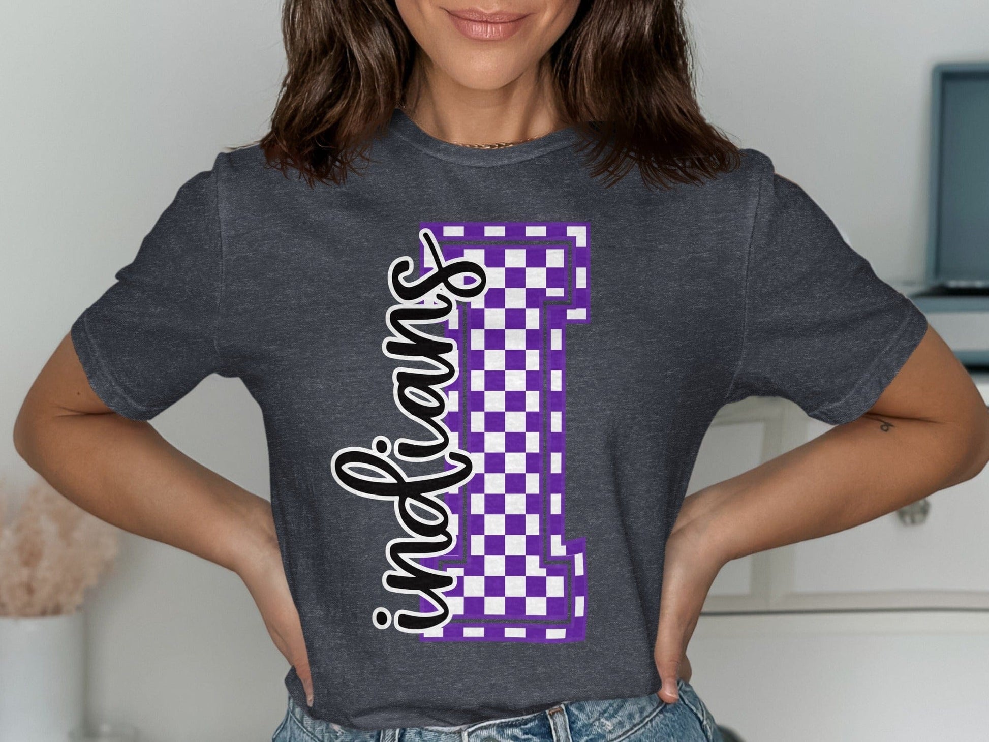 Jen Peete Designs Clothing T-shirts Cursive Indians Spirit Shirt with Purple Checkered I