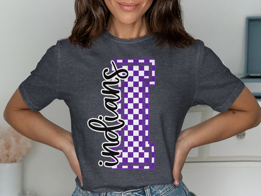 Jen Peete Designs Clothing T-shirts Cursive Indians Spirit Shirt with Purple Checkered I