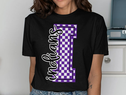 Jen Peete Designs Clothing T-shirts Cursive Indians Spirit Shirt with Purple Checkered I