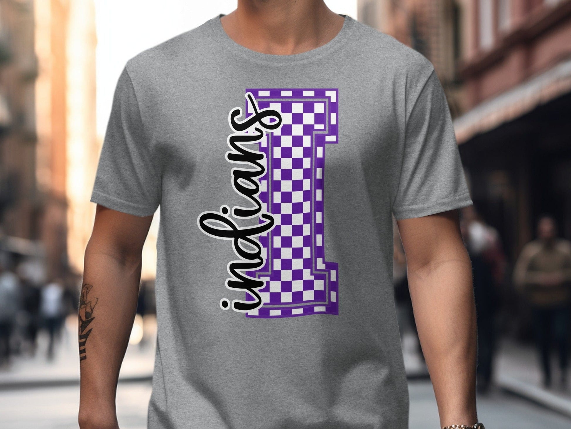Jen Peete Designs Clothing T-shirts Cursive Indians Spirit Shirt with Purple Checkered I