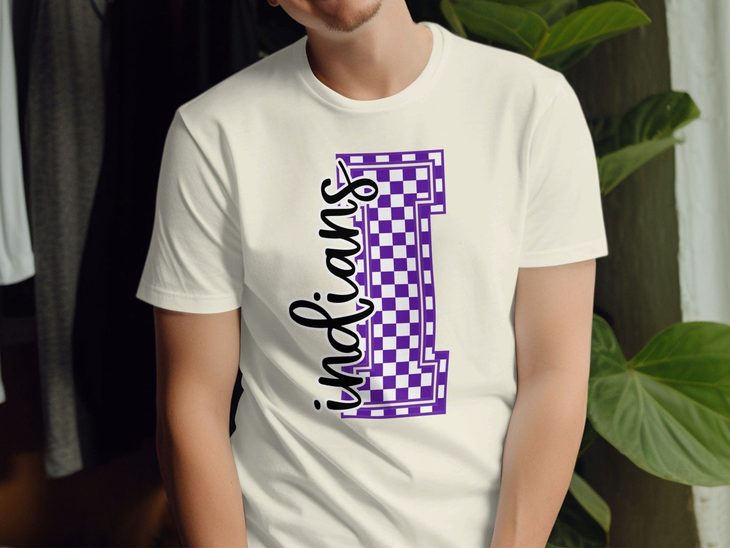 Jen Peete Designs Clothing T-shirts Cursive Indians Spirit Shirt with Purple Checkered I