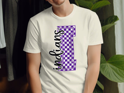 Jen Peete Designs Clothing T-shirts Cursive Indians Spirit Shirt with Purple Checkered I