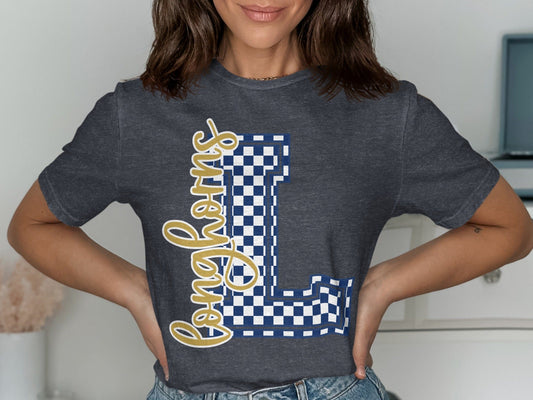 Jen Peete Designs Clothing T-shirts Cursive Longhorns Spirit Shirt with Blue Checkered L