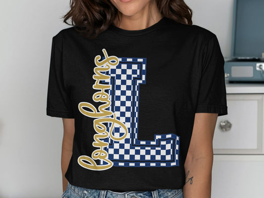 Jen Peete Designs Clothing T-shirts Cursive Longhorns Spirit Shirt with Blue Checkered L