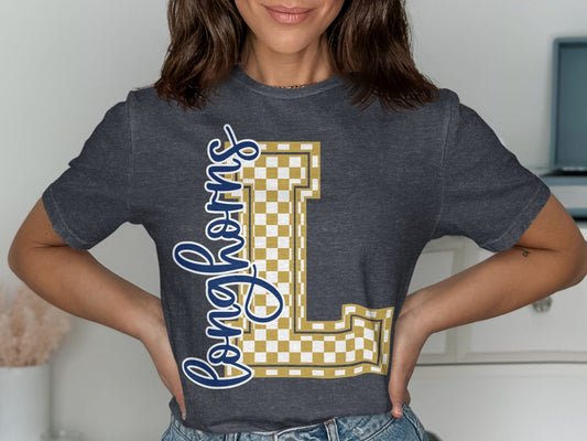 Jen Peete Designs Clothing T-shirts Cursive Longhorns Spirit Shirt with Checkered L