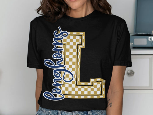 Jen Peete Designs Clothing T-shirts Cursive Longhorns Spirit Shirt with Checkered L