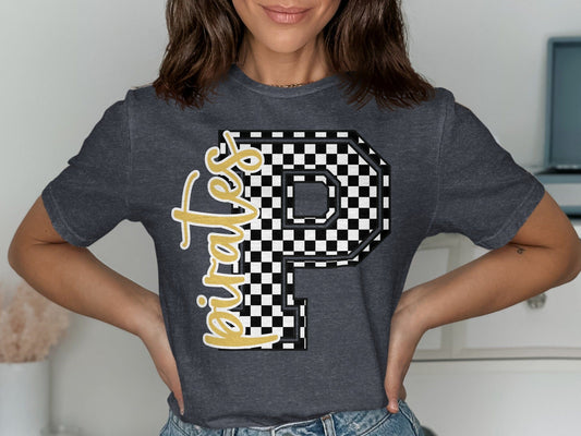 Jen Peete Designs Clothing T-shirts Cursive Pirate Spirit Shirt with Checkered P