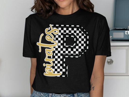 Jen Peete Designs Clothing T-shirts Cursive Pirate Spirit Shirt with Checkered P