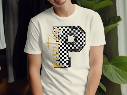 Jen Peete Designs Clothing T-shirts Cursive Pirate Spirit Shirt with Checkered P