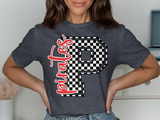 Jen Peete Designs Clothing T-shirts Cursive Pirates Spirit Shirt with Checkered P