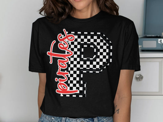 Jen Peete Designs Clothing T-shirts Cursive Pirates Spirit Shirt with Checkered P