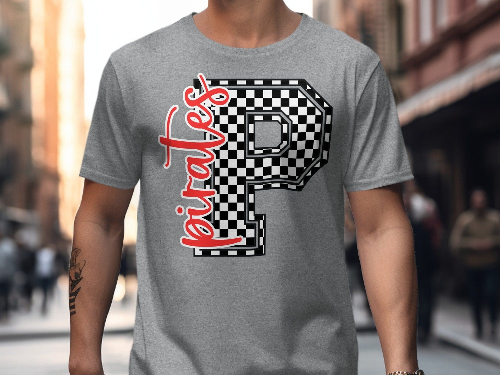 Jen Peete Designs Clothing T-shirts Cursive Pirates Spirit Shirt with Checkered P
