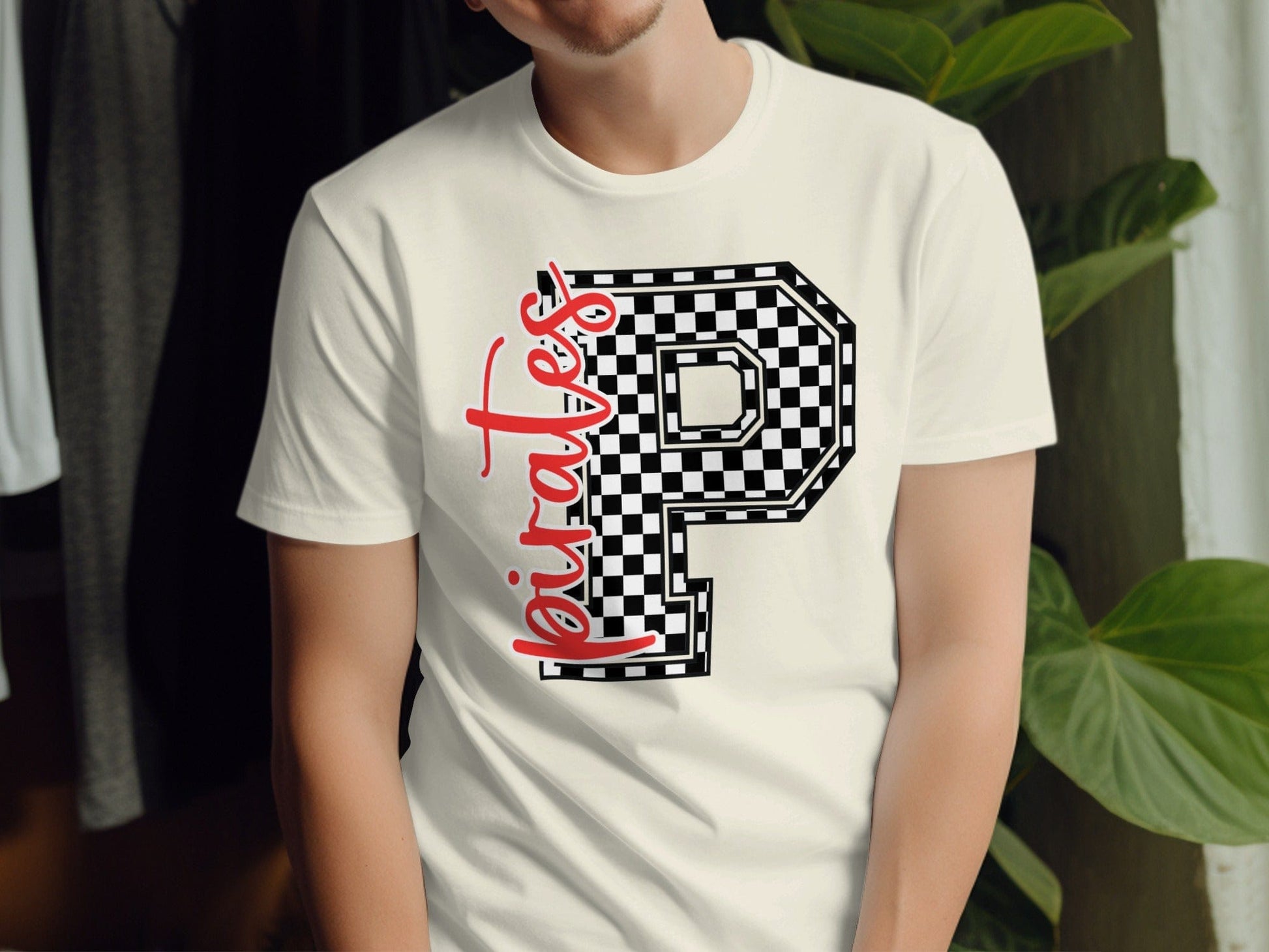 Jen Peete Designs Clothing T-shirts Cursive Pirates Spirit Shirt with Checkered P