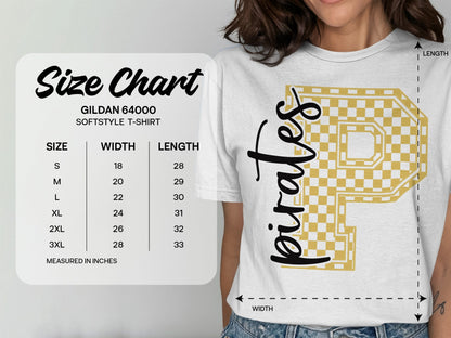 Jen Peete Designs Clothing T-shirts Cursive Pirates Spirit Shirt with Gold Checkered P