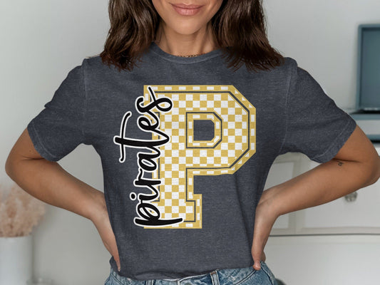 Jen Peete Designs Clothing T-shirts Cursive Pirates Spirit Shirt with Gold Checkered P