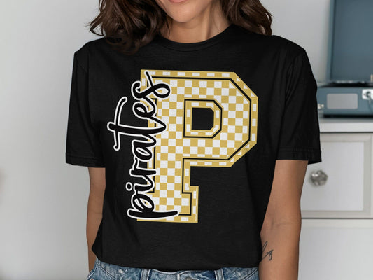 Jen Peete Designs Clothing T-shirts Cursive Pirates Spirit Shirt with Gold Checkered P