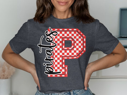 Jen Peete Designs Clothing T-shirts Cursive Pirates Spirit Shirt with Red Checkered P