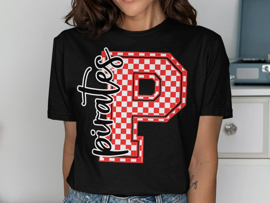 Jen Peete Designs Clothing T-shirts Cursive Pirates Spirit Shirt with Red Checkered P