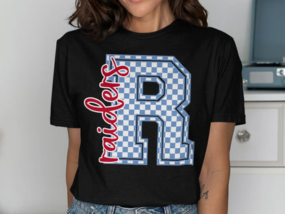 Jen Peete Designs Clothing T-shirts Cursive Raiders Spirit Shirt with Blue Checkered R
