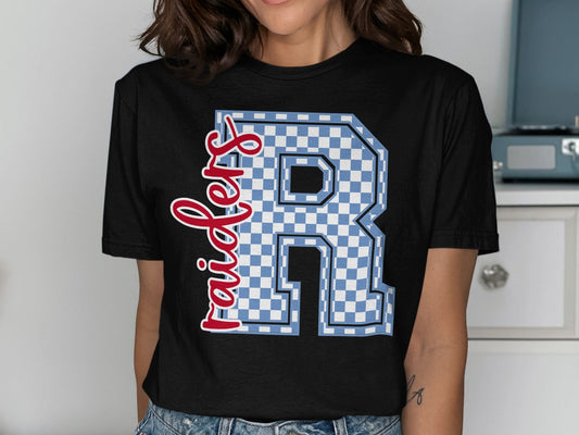Jen Peete Designs Clothing T-shirts Cursive Raiders Spirit Shirt with Blue Checkered R