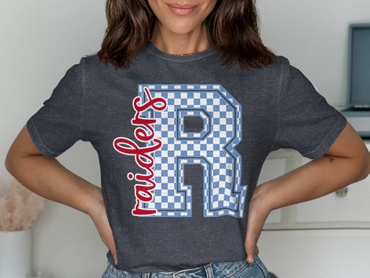 Jen Peete Designs Clothing T-shirts Cursive Raiders Spirit Shirt with Blue Checkered R