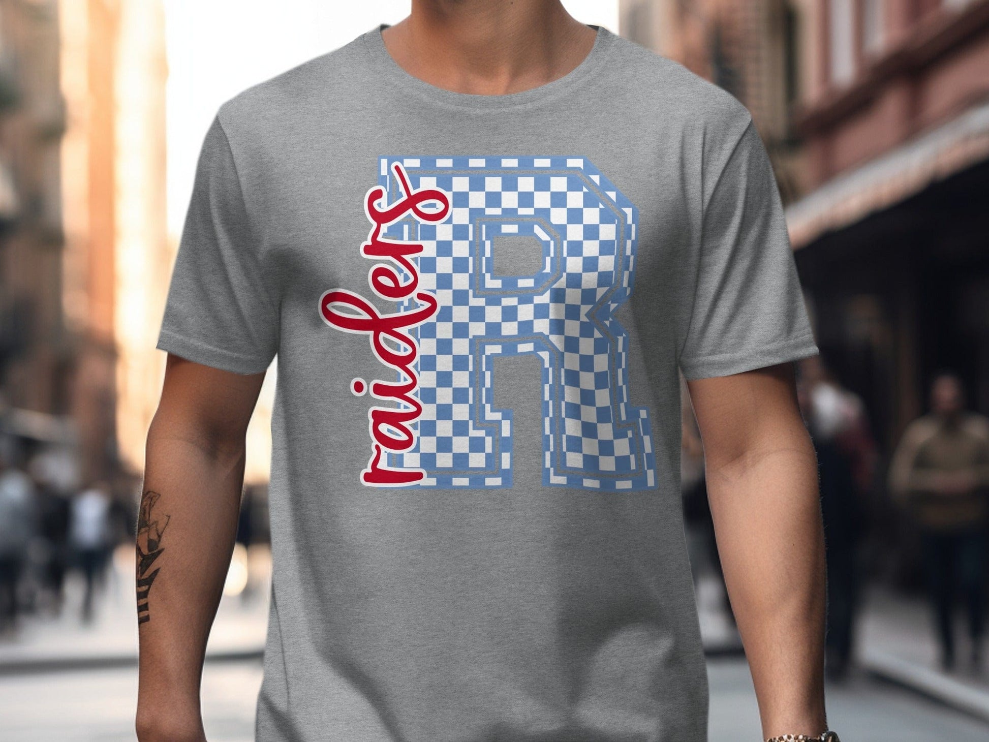 Jen Peete Designs Clothing T-shirts Cursive Raiders Spirit Shirt with Blue Checkered R