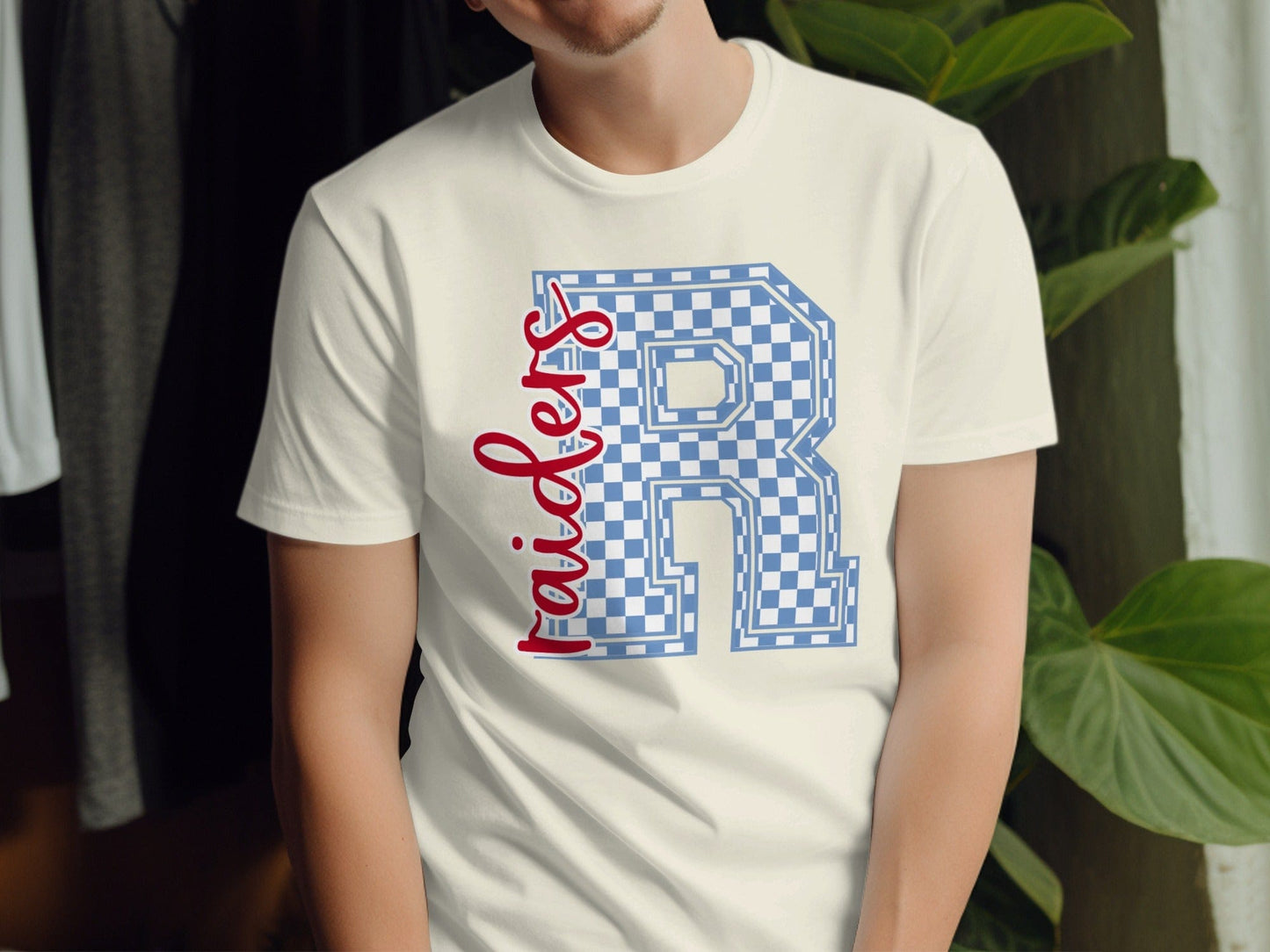 Jen Peete Designs Clothing T-shirts Cursive Raiders Spirit Shirt with Blue Checkered R