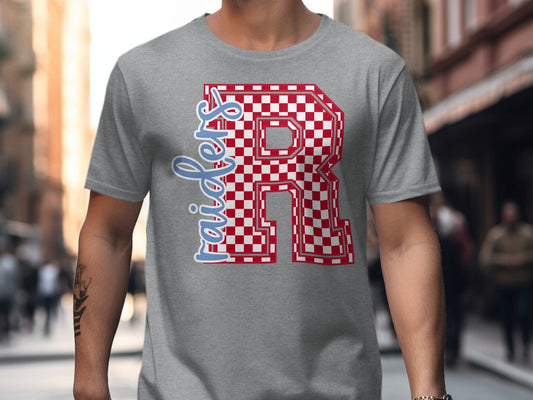 Jen Peete Designs Clothing T-shirts Cursive Raiders Spirit Shirt with Red Checkered R