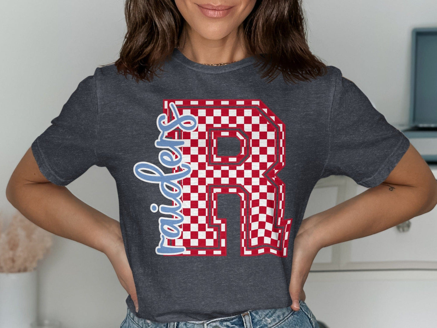 Jen Peete Designs Clothing T-shirts Cursive Raiders Spirit Shirt with Red Checkered R