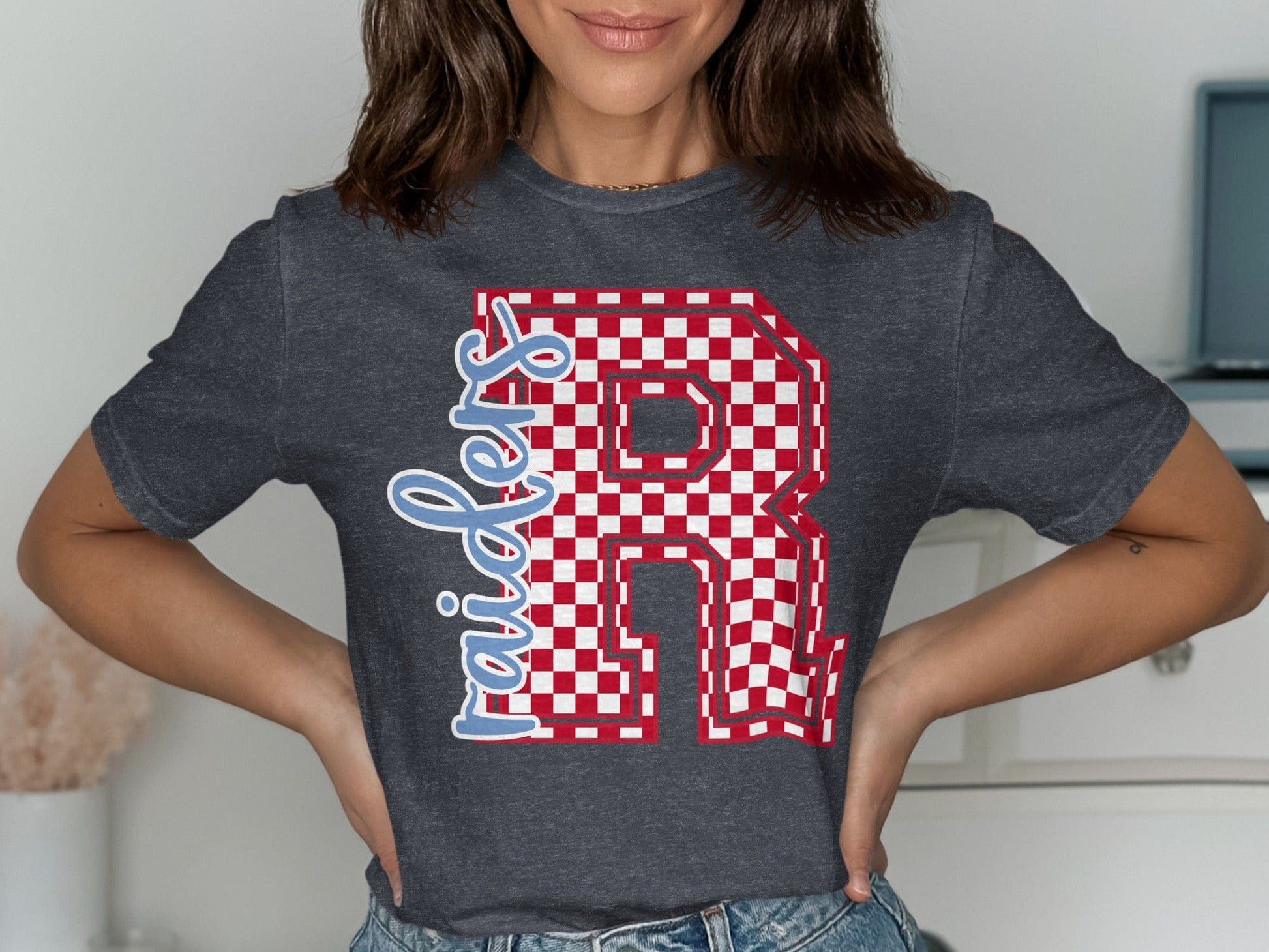 Jen Peete Designs Clothing T-shirts Cursive Raiders Spirit Shirt with Red Checkered R