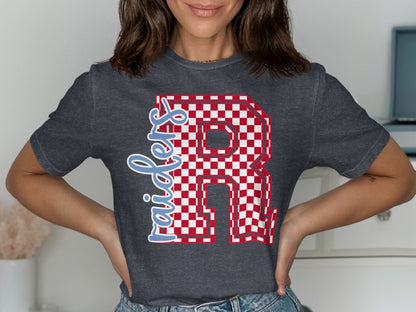 Jen Peete Designs Clothing T-shirts Cursive Raiders Spirit Shirt with Red Checkered R