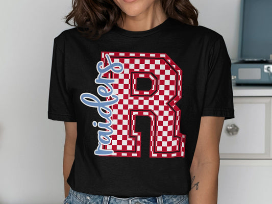 Jen Peete Designs Clothing T-shirts Cursive Raiders Spirit Shirt with Red Checkered R