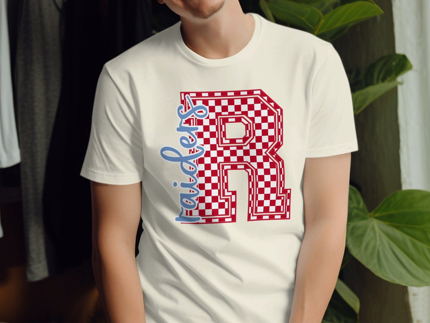 Jen Peete Designs Clothing T-shirts Cursive Raiders Spirit Shirt with Red Checkered R