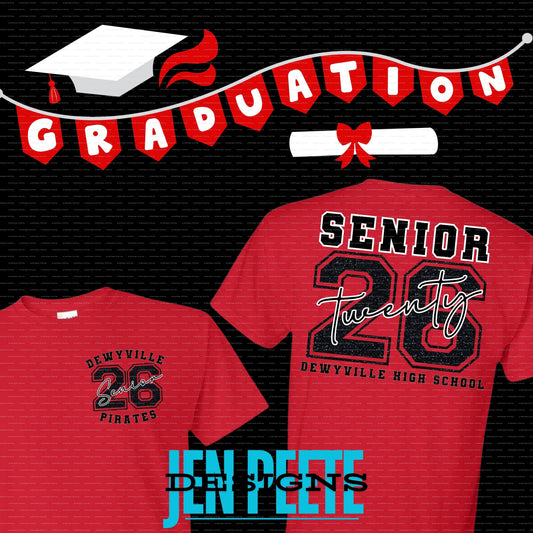 Jen Peete Designs Clothing T-shirts Dewyville Pirates Senior 2026 Black Glitter T-Shirt