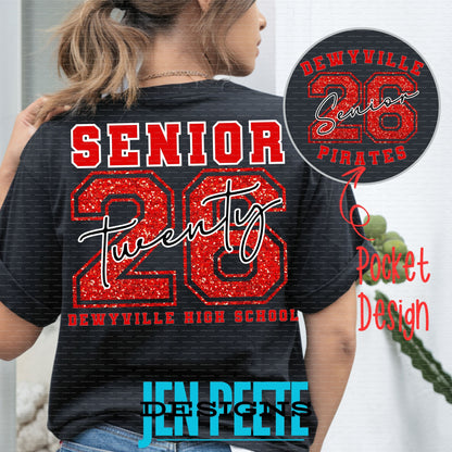 Jen Peete Designs Clothing T-shirts Dewyville Pirates Senior 2026 Red Glitter T-Shirt