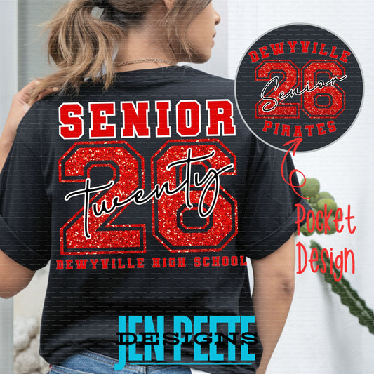 Jen Peete Designs Clothing T-shirts Dewyville Pirates Senior 2026 Red Glitter T-Shirt