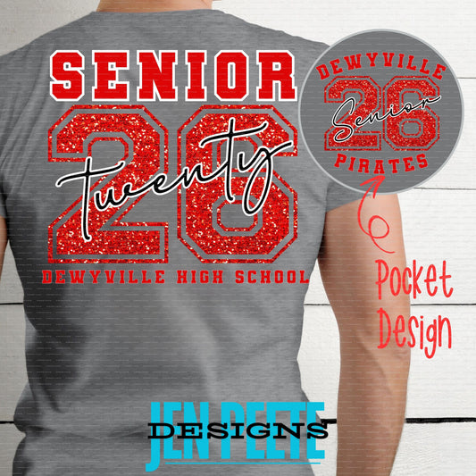 Jen Peete Designs Clothing T-shirts Dewyville Pirates Senior 2026 Red Glitter T-Shirt
