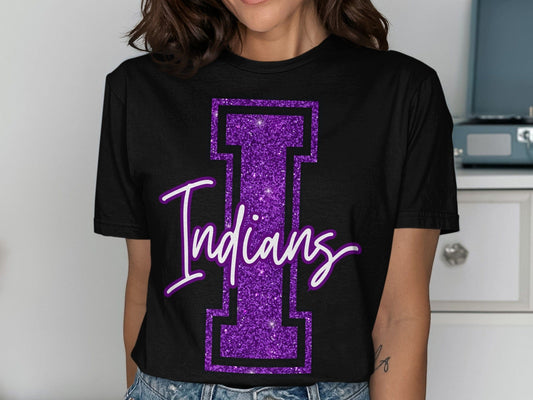Jen Peete Designs Clothing T-shirts Glitter Indians Mascot Spirit T-Shirt