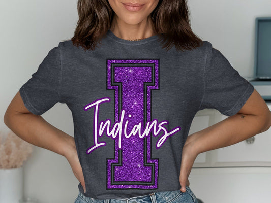 Jen Peete Designs Clothing T-shirts Glitter Indians Mascot Spirit T-Shirt